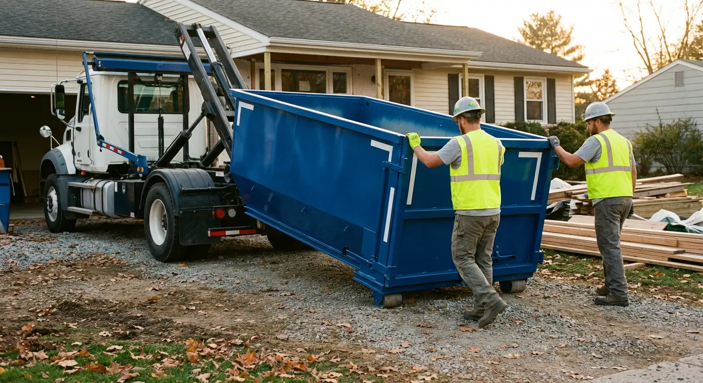 Construction dumpster delivery truck in action in Kittanning, PA