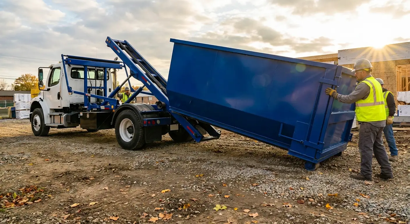 Construction dumpster delivery truck at job site in Kittanning, PA