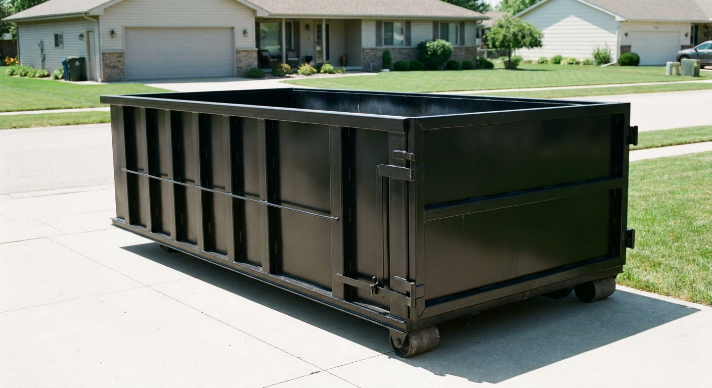 Matte-black 10-yard roll-off dumpster on a residential concrete driveway in Kittanning, uniformly painted matte black across every panel and rail, ribbed steel sidewalls and rear swing door visible, mid-day daylight.