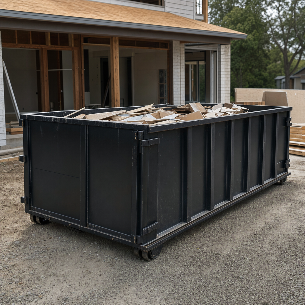 Large matte-black 30-yard construction roll-off dumpster at an active Kittanning jobsite, steel-gray top rails and bottom rollers visible, loaded with construction debris.