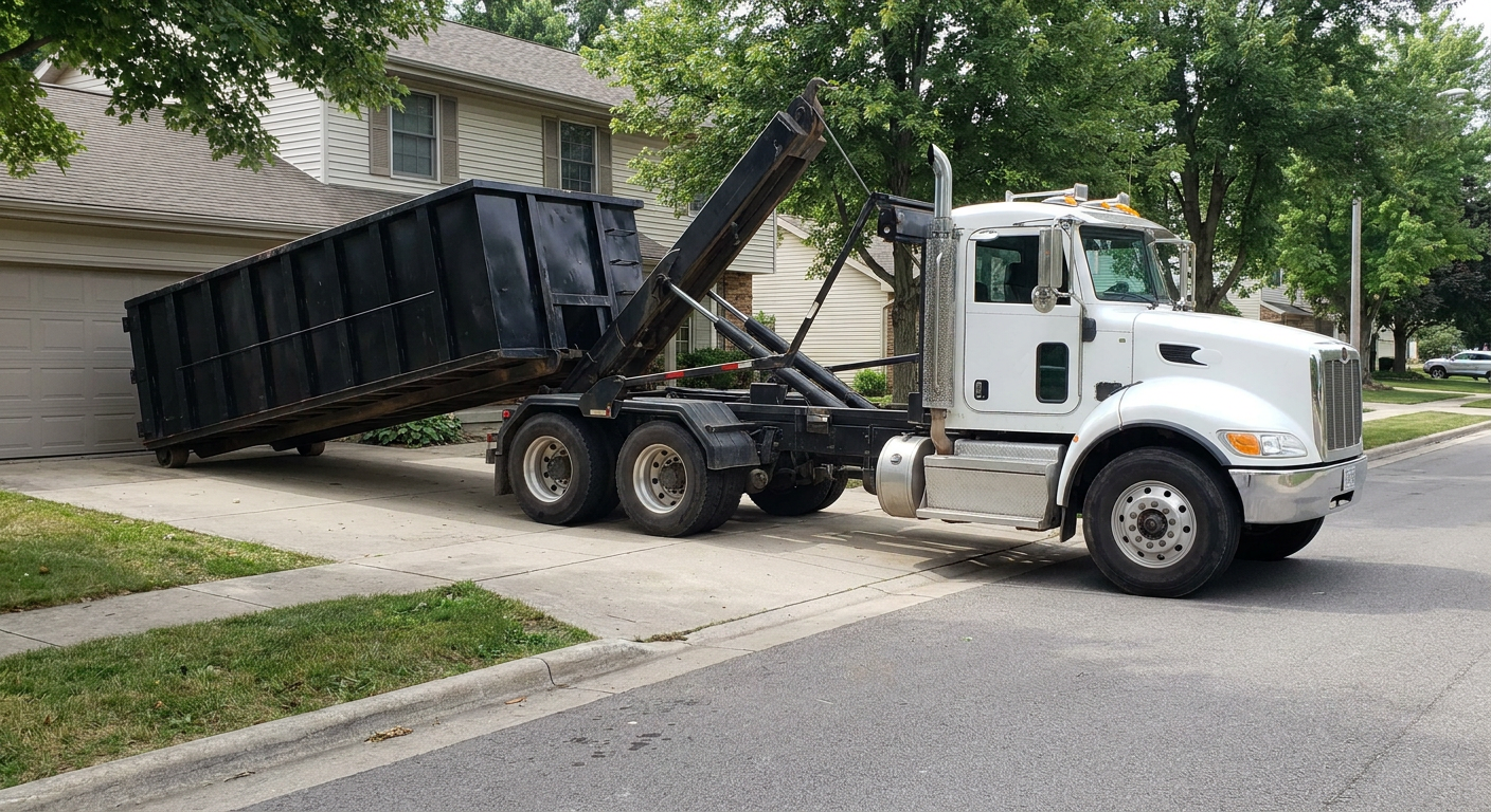 White-cab hooklift roll-off truck actively lowering a matte-black dumpster onto a Kittanning residential concrete driveway, the dumpster's rear wheels touching the driveway as the hoist arm tilts the bed forward, mid-morning daylight.