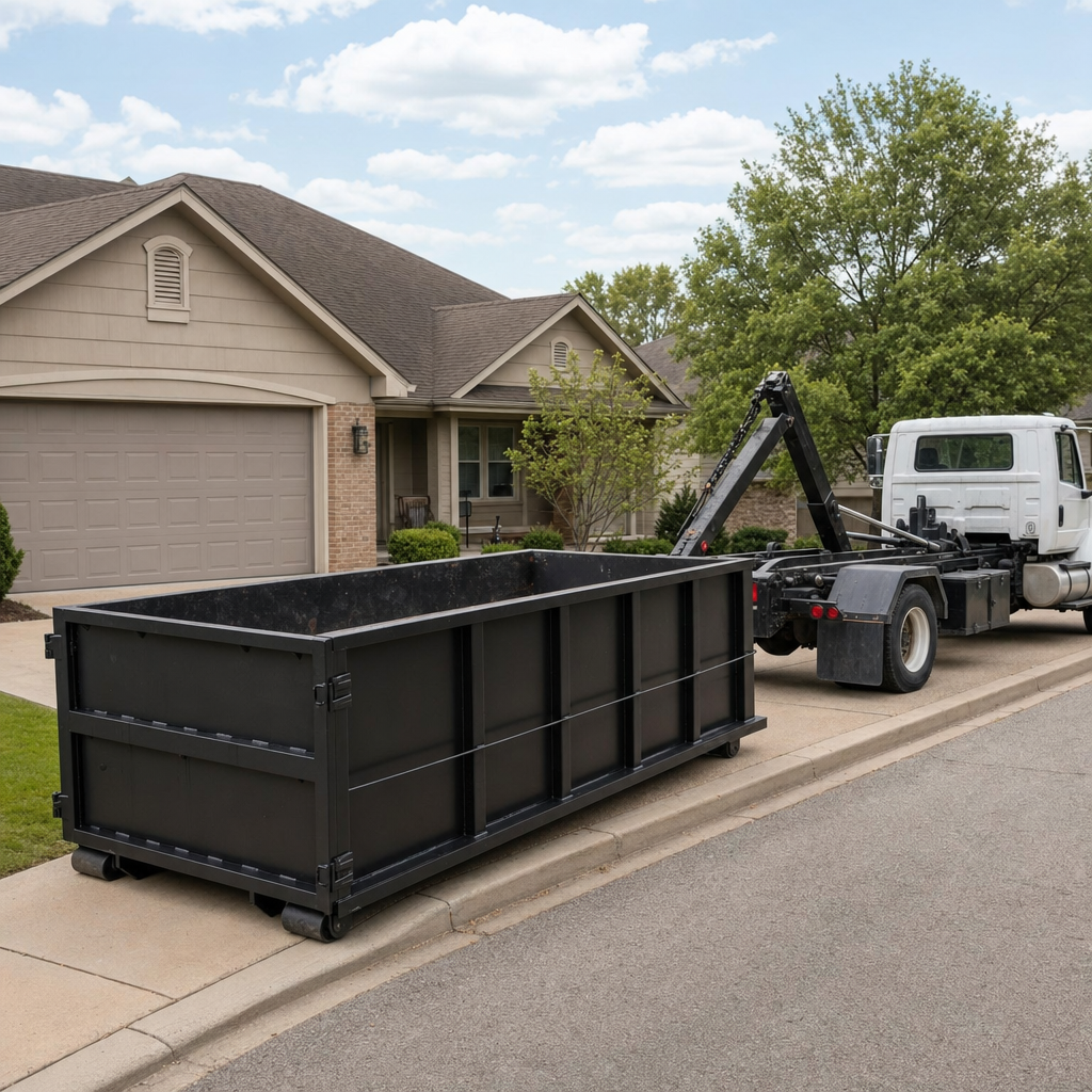 Wide documentary shot of a matte-black roll-off dumpster on a Kittanning residential driveway in the foreground and a contractor jobsite container in the soft-focus background, bright daylight, calm and orderly composition.